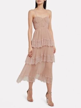 NWT Self Portrait Chiffon Lace Tiered Midi Dress, Nude/Pink, UK8/US4